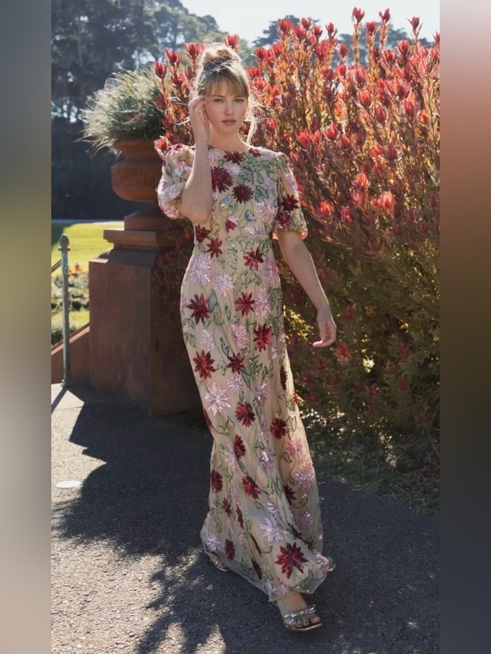 Mac Duggal 6125 Beige Floral Beaded Mesh Puff Sleeve Gown - Nude Multi - 6 - NWT